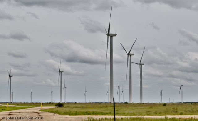 Modern windmills in a field near Bronte, Texas
